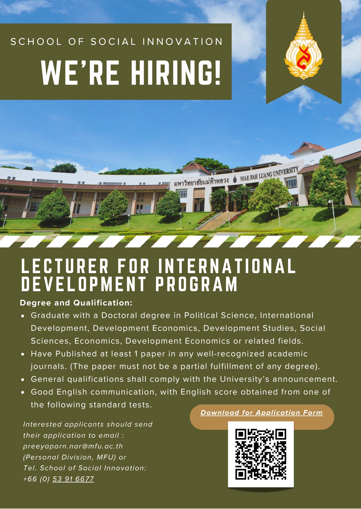 We’re Hiring for Lecturer! Join Our Dynamic Team at the School of Social Innovation, Mae Fah Luang University (MFU)