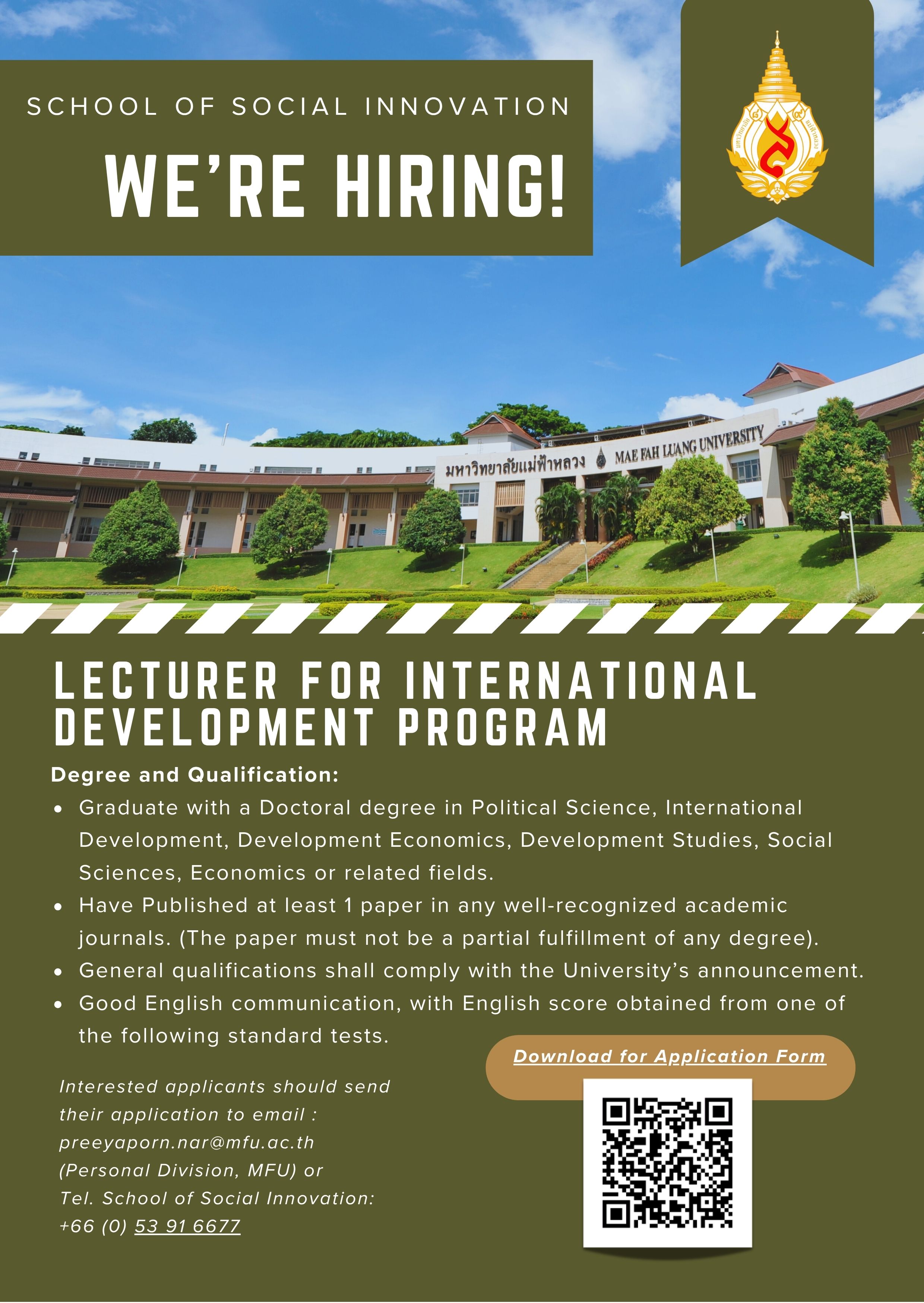 We’re Hiring for Lecturer! Join Our Dynamic Team at the School of Social Innovation, Mae Fah Luang University (MFU)