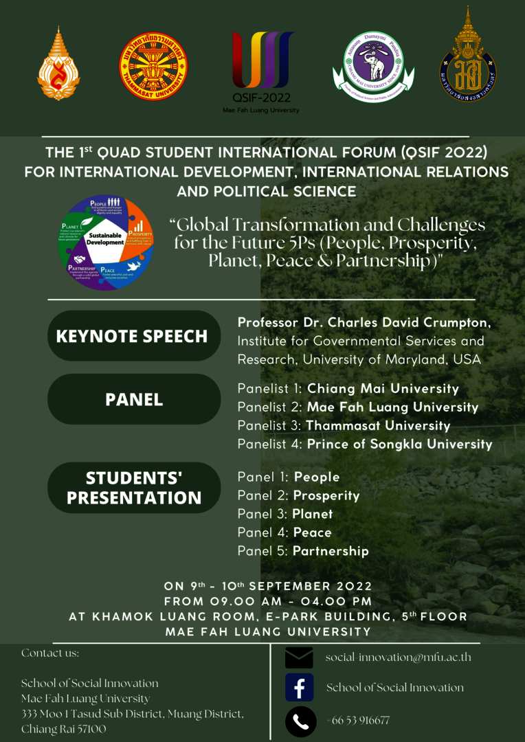 The 1st Quad Student International Forum (QSIF 2022) for International Development, International Relations and Political Science: Global Transformation and Challenges for the Future 5Ps (People, Prosperity, Planet, Peace and Partnership)